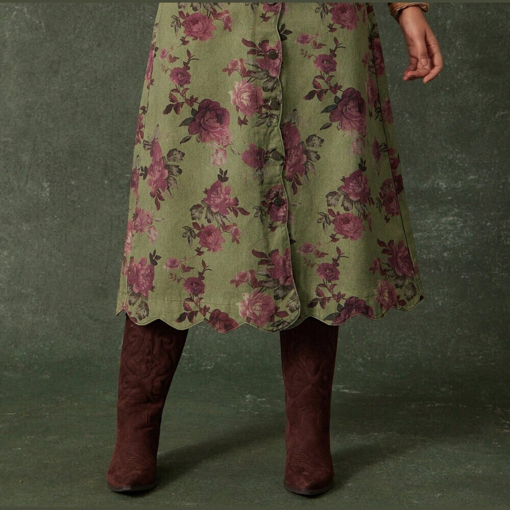 Olive Green Rose Floral Print Denim Button Front Scalloped Hem Midi Skirt